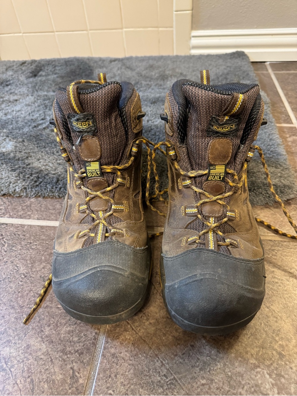 Keen Brown and Black Men's Work Boots with Yellow Accents